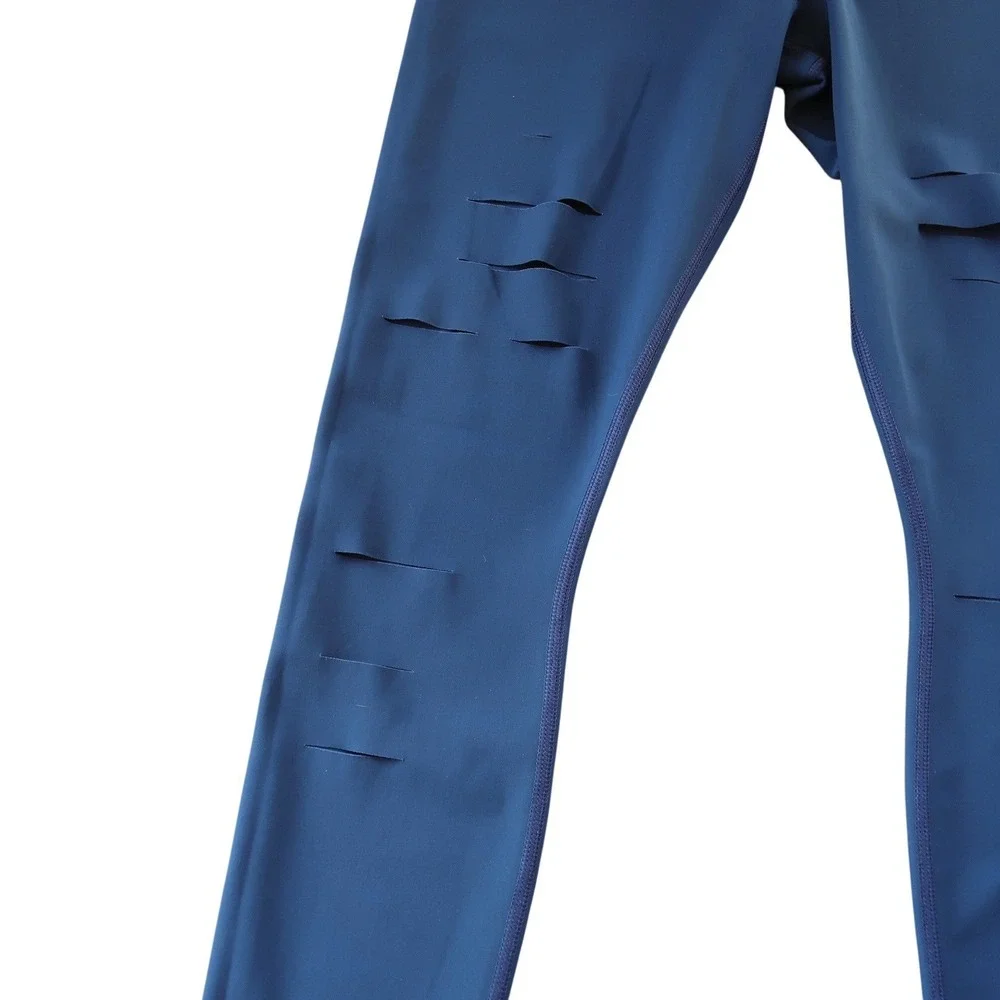Alo Yoga Womens Ripped Warrior Leggings M Navy Blue High Rise Laser Cut Yoga Gym